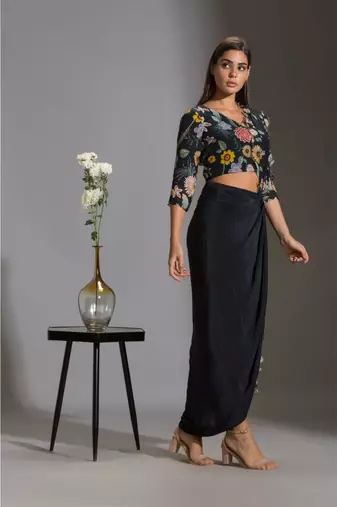 Black Drape Embroidered Saree  Set