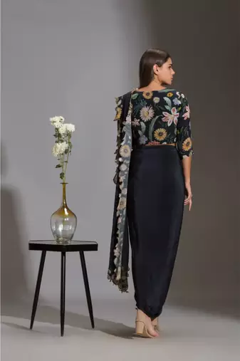 Black Drape Embroidered Saree  Set