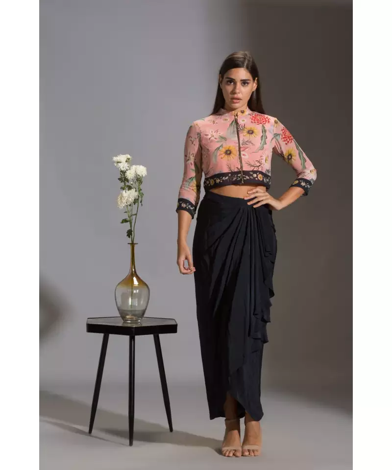bomber printed jacket with zipper with drape skirt