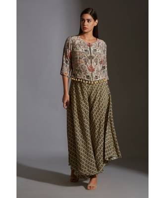 Beige Moss Crepe Round Printed Jacket And Palazzo Set 1