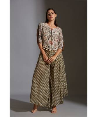 Beige Moss Crepe Round Printed Jacket And Palazzo Set 2