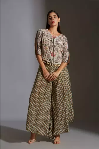 Beige Moss Crepe Round Printed Jacket And Palazzo Set