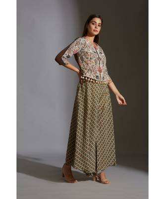 Beige Moss Crepe Round Printed Jacket And Palazzo Set 3