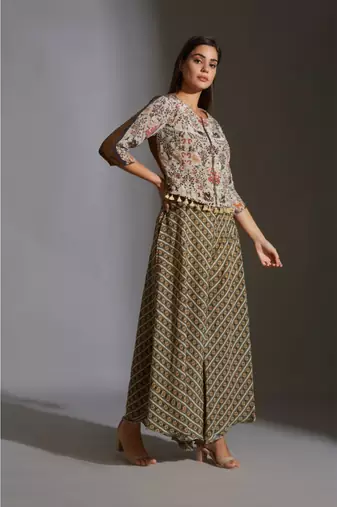 Beige Moss Crepe Round Printed Jacket And Palazzo Set