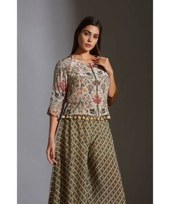 Beige Moss Crepe Round Printed Jacket And Palazzo Set 4