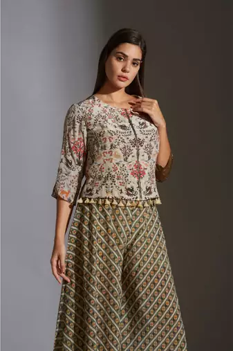 Beige Moss Crepe Round Printed Jacket And Palazzo Set