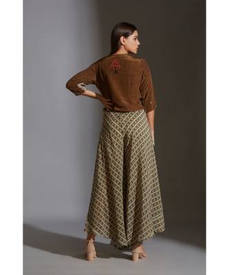Beige Moss Crepe Round Printed Jacket And Palazzo Set 5