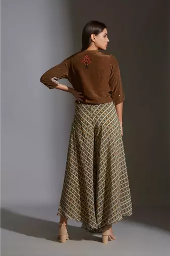 Beige Moss Crepe Round Printed Jacket And Palazzo Set