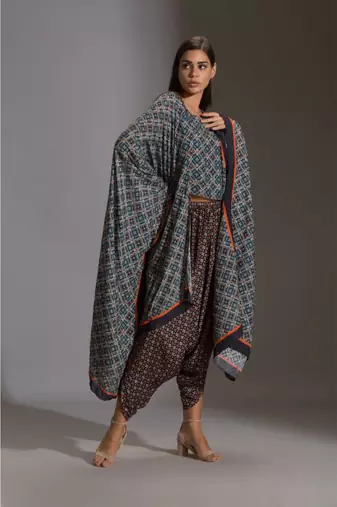 Crop Top Paired With Dhoti Pants And Cape
