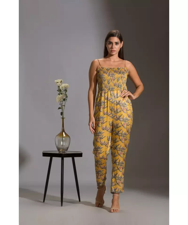 printed narrow bottom jumpsuit paired with chiffon collared jacket and rushed sleeves
