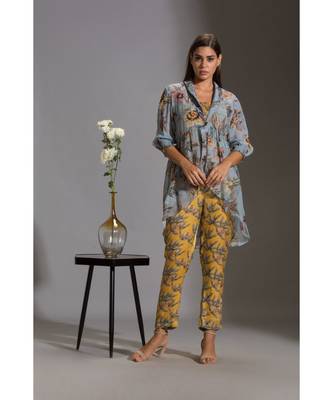 Yellow And Blue Satin Square Neck Printed Jumpsuit With Jacket 1