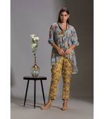 Yellow And Blue Satin Square Neck Printed Jumpsuit With Jacket