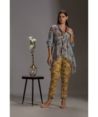 Yellow And Blue Satin Square Neck Printed Jumpsuit With Jacket 3