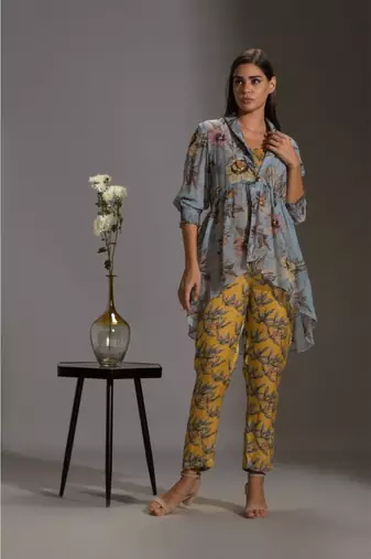 Yellow And Blue Satin Square Neck Printed Jumpsuit With Jacket
