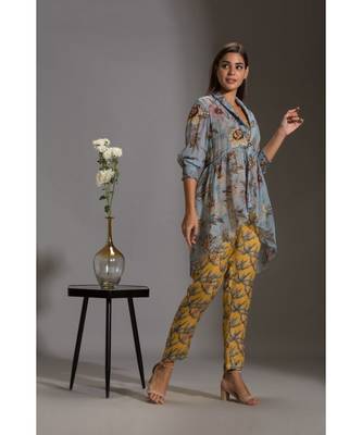 Yellow And Blue Satin Square Neck Printed Jumpsuit With Jacket 4