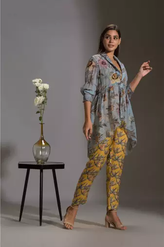 Yellow And Blue Satin Square Neck Printed Jumpsuit With Jacket
