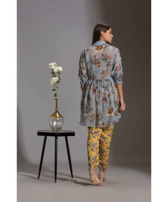 Yellow And Blue Satin Square Neck Printed Jumpsuit With Jacket 5
