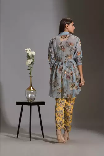 Yellow And Blue Satin Square Neck Printed Jumpsuit With Jacket
