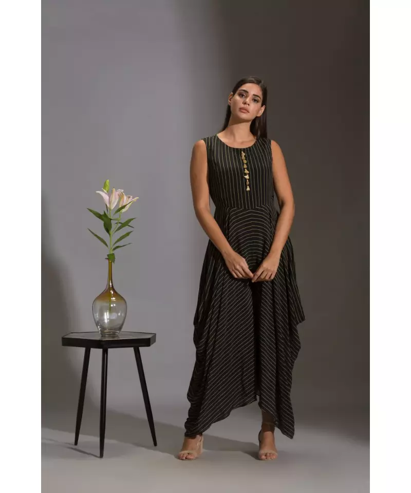 printed dhoti jumpsuit with tassel detail paired with sequence jacket