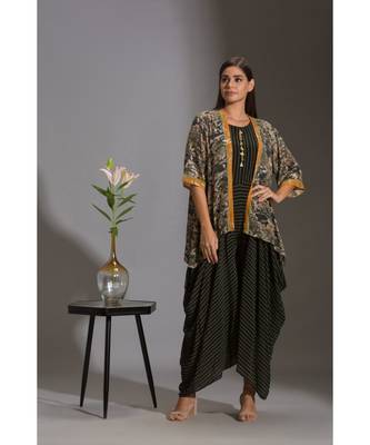 Black Crepe Round Striped Jumpsuit With Sequinned Jacket 3