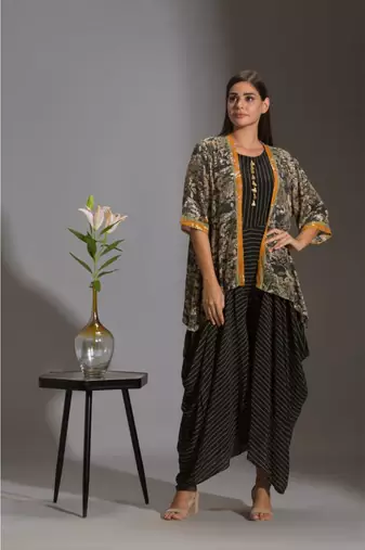 Black Crepe Round Striped Jumpsuit With Sequinned Jacket