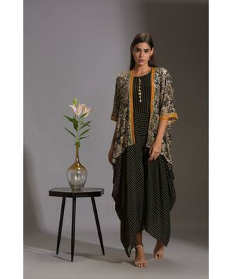 Black Crepe Round Striped Jumpsuit With Sequinned Jacket 1