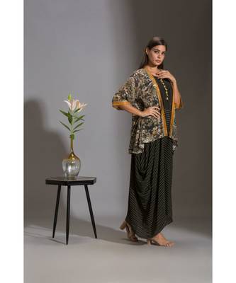 Black Crepe Round Striped Jumpsuit With Sequinned Jacket 4
