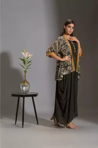 Black Crepe Round Striped Jumpsuit With Sequinned Jacket