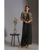 printed drape dress with bomber jacket