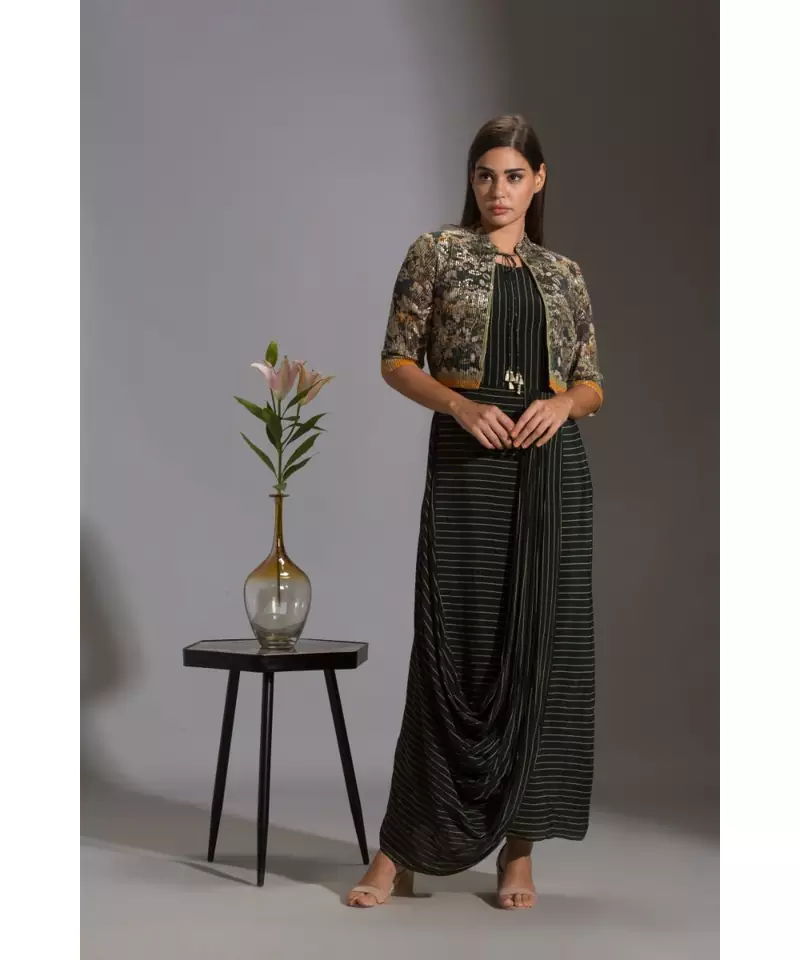 printed drape dress with bomber jacket