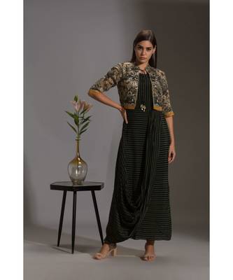 Printed Drape Dress With Bomber Jacket 2