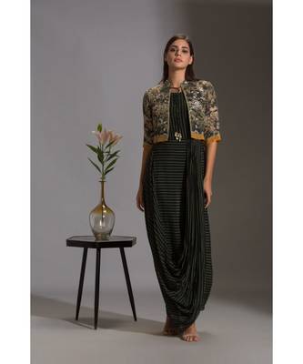 Printed Drape Dress With Bomber Jacket 3