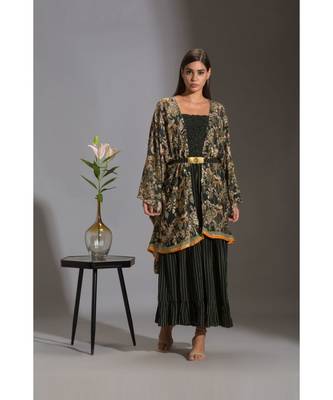 Printed Rushed Jumpsuit With Belt And Paired With Sequence Cape 1