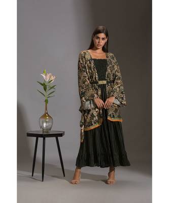 Printed Rushed Jumpsuit With Belt And Paired With Sequence Cape 3