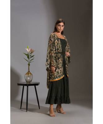 Printed Rushed Jumpsuit With Belt And Paired With Sequence Cape 4