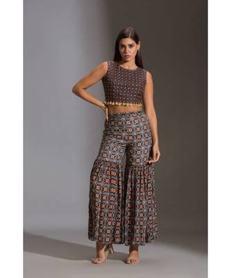 Printed Crop Top With Tassel Detail Paird With Printed Sharara And Jacket 2