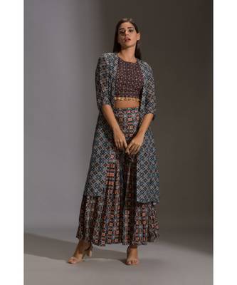 Printed Crop Top With Tassel Detail Paird With Printed Sharara And Jacket 1