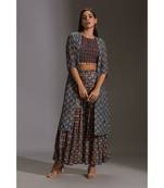 Printed Crop Top With Tassel Detail Paird With Printed Sharara And Jacket