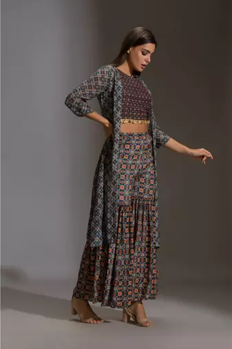 Printed Crop Top With Tassel Detail Paird With Printed Sharara And Jacket