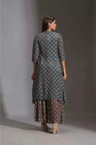 Printed Crop Top With Tassel Detail Paird With Printed Sharara And Jacket