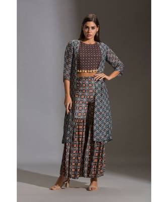 Printed Crop Top With Tassel Detail Paird With Printed Sharara And Jacket 5