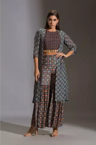 Printed Crop Top With Tassel Detail Paird With Printed Sharara And Jacket