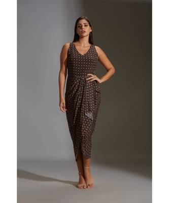 Printed Drape Dress With Asymetrical Top With Frills 2