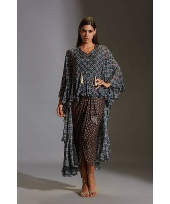 Printed Drape Dress With Asymetrical Top With Frills 3