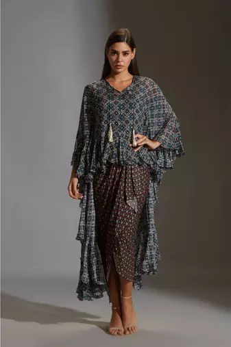 Printed Drape Dress With Asymetrical Top With Frills