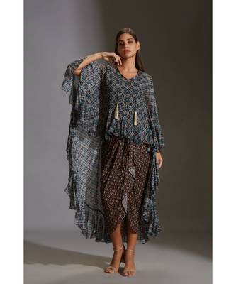Printed Drape Dress With Asymetrical Top With Frills 1