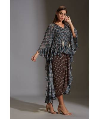 Printed Drape Dress With Asymetrical Top With Frills 4