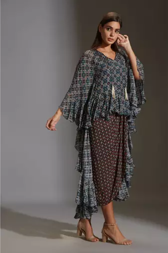 Printed Drape Dress With Asymetrical Top With Frills