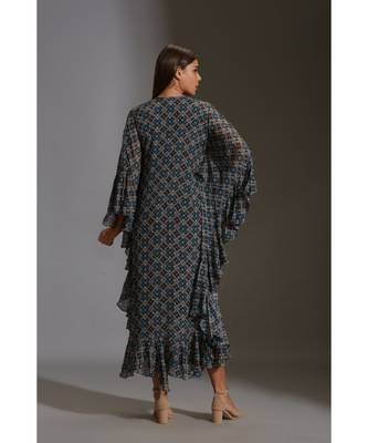 Printed Drape Dress With Asymetrical Top With Frills 5