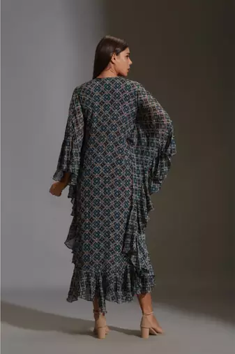 Printed Drape Dress With Asymetrical Top With Frills